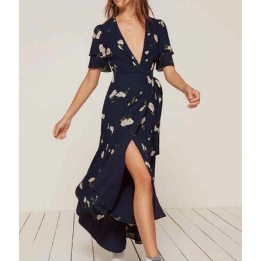 Reformation‎ Layley Midi Wrap Dress in Opaline Blue Floral Print Size Small